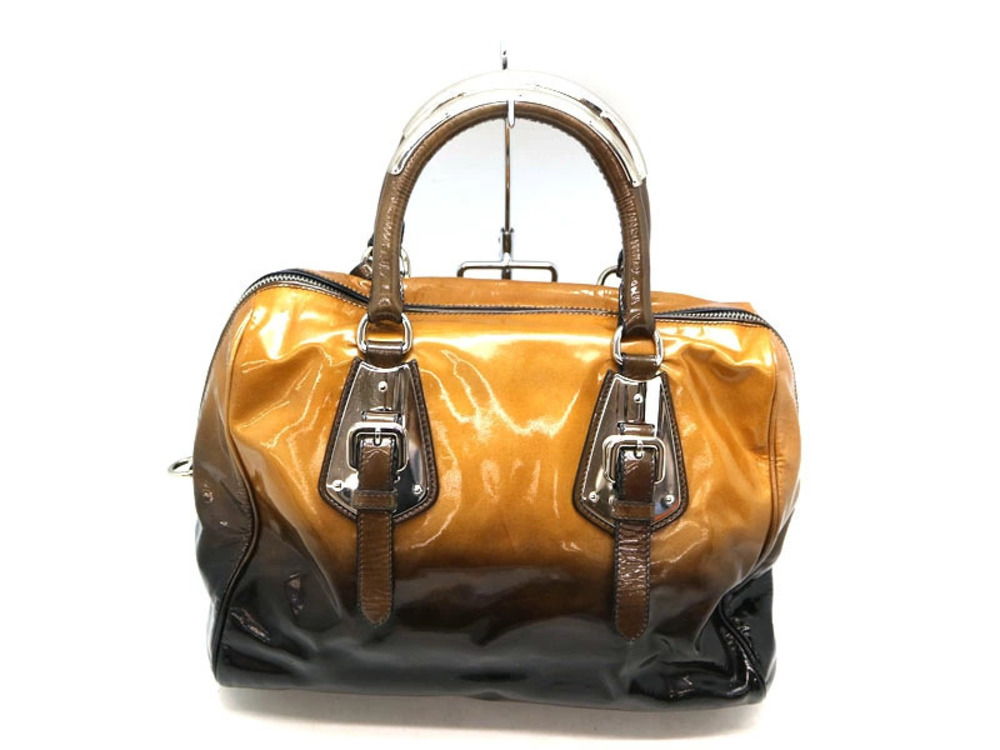Prada Patent Black Vernis Brown Handbag Leather